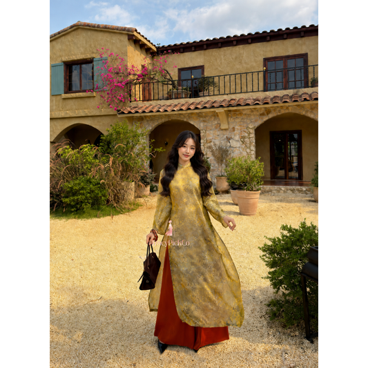 Yellow Silk Modern Plus Size Ao Dai Vietnamese Floral Dress Long Sleeve