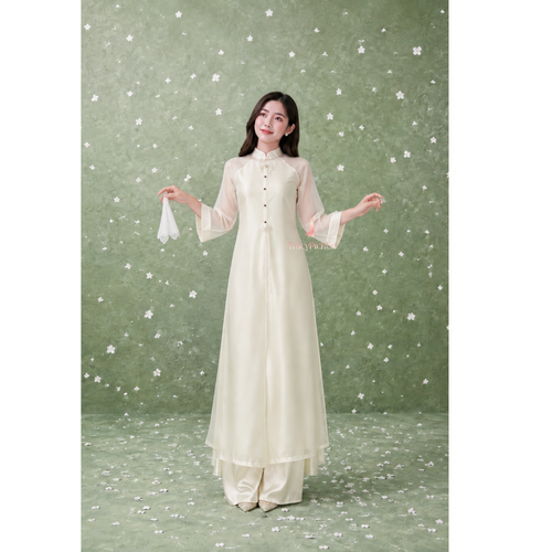 Vietnamese Beige Five Panel Silk Dress with Pearl Bow