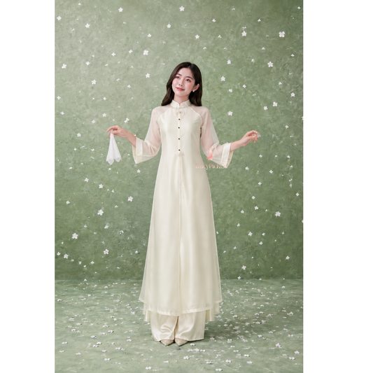 Vietnamese Beige Five Panel Silk Dress with Pearl Bow