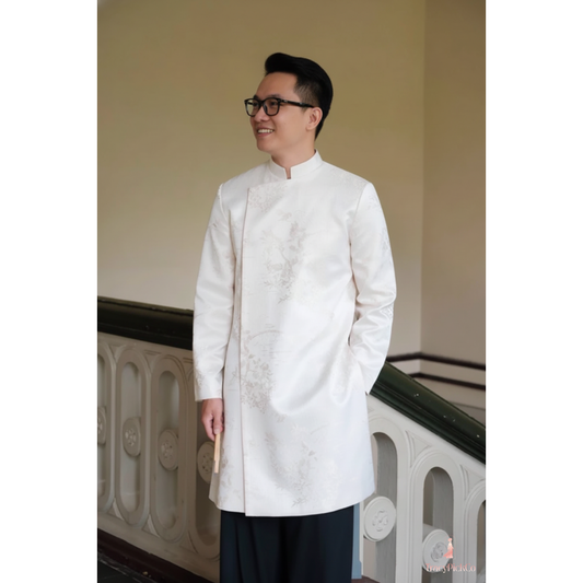 Ao Dai Men Wedding Modern Groom Beige Brocade Silk