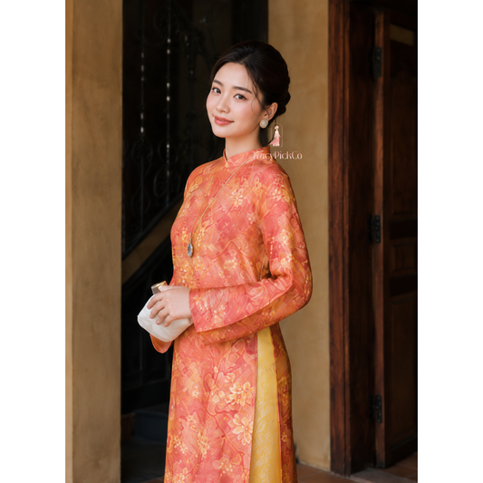 Orange Silk Modern Plus Size Ao Dai Vietnamese Floral Dress Long Sleeve