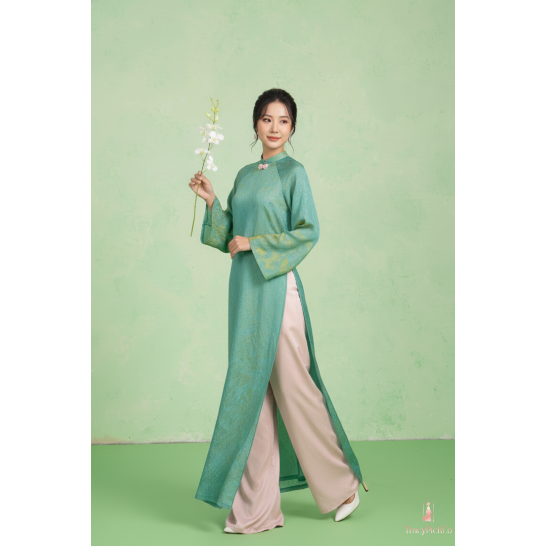 Modern Ao Dai Women Green Brocade Silk Straight Fit Bow Collar