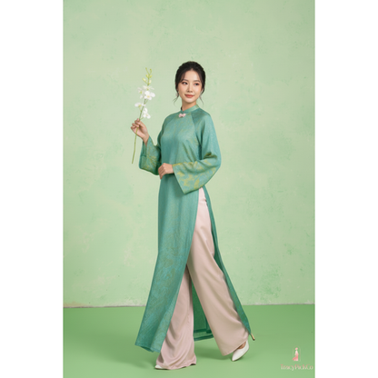 Modern Ao Dai Women Green Brocade Silk Straight Fit Bow Collar