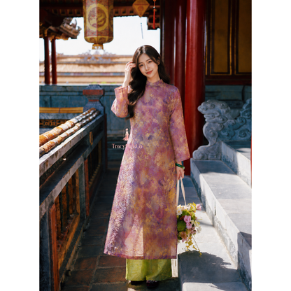 Purple Silk Modern Plus Size Ao Dai Vietnamese Floral Dress Long Sleeve