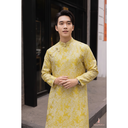 Ao Dai Men Embroidered Fabric Tafta Yellow