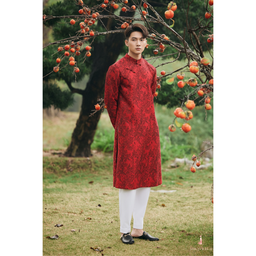 Ao Dai Men Embroidered Fabric Tafta Red