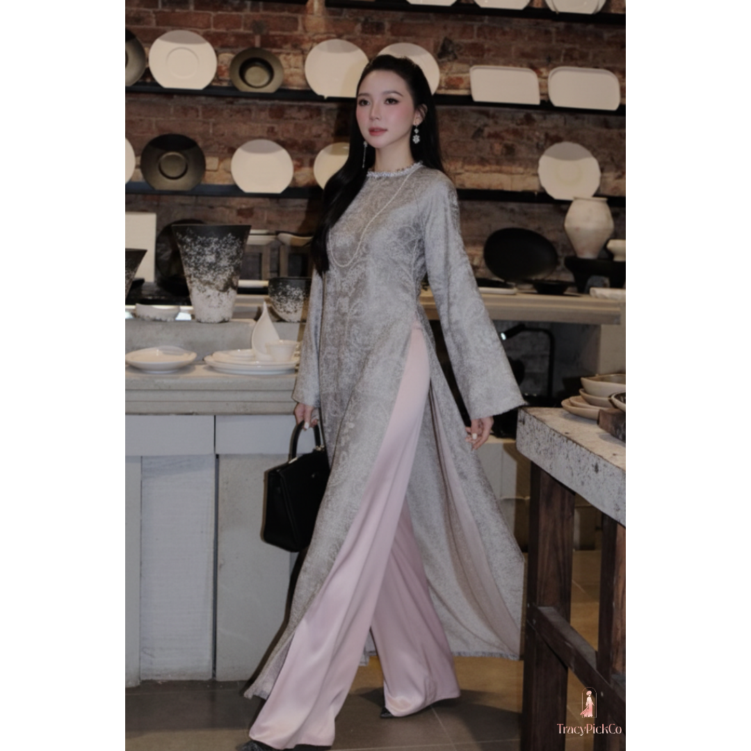 Ao Dai Women Vietnamese Modern Floral Brocade Gray Premium Hand-embellished Collar