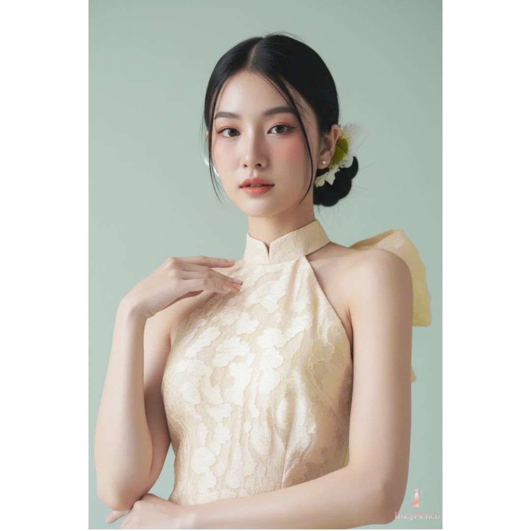 Beige Silk Jacquard Halter Ao Dai