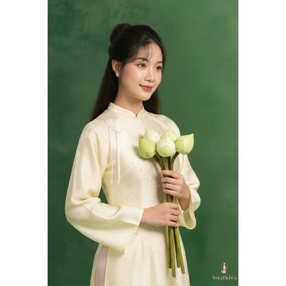 Traditional Yellow Ao Dai Women Modern Flare Sleeve Bow Silk Brocade