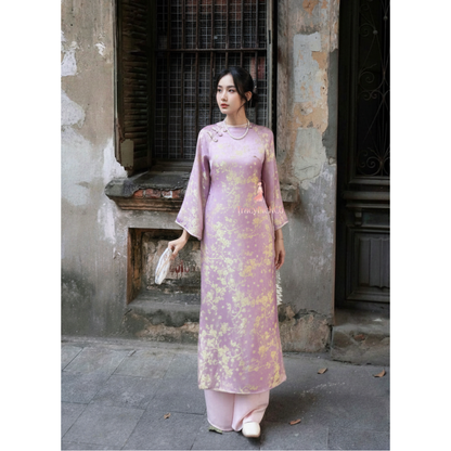 Modern Ao Dai Women Vietnamese Pink Silk Peach Blossom Detail