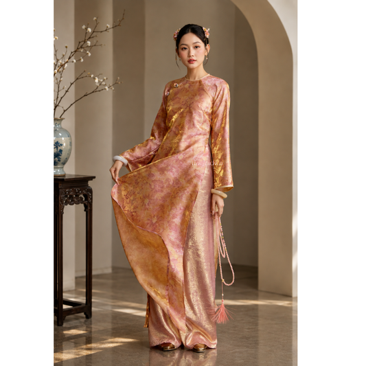 Orange Pink Floral Vietnamese Ao Dai Tencel Silk Straight Fit