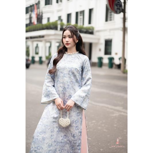 Ao Dai Women Vietnamese Modern Floral Brocade Blue Premium Hand-embellished Collar