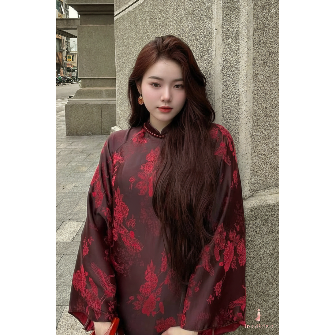 Red Crane Brocade Plus Size Ao Dai