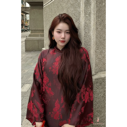 Red Crane Brocade Plus Size Ao Dai
