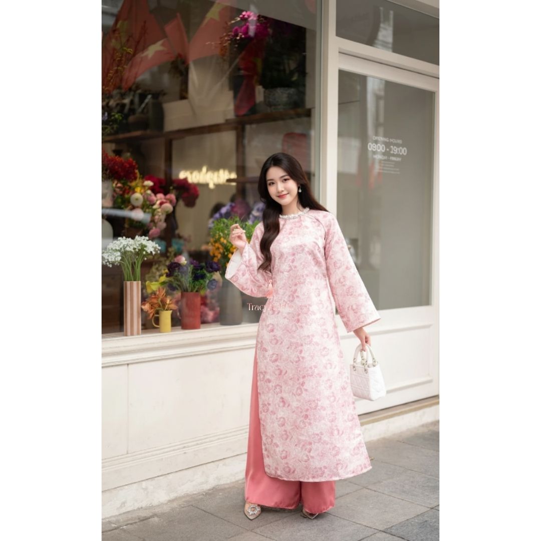 Ao Dai Women Vietnamese Modern Floral Brocade Pink Premium Hand-embellished Collar