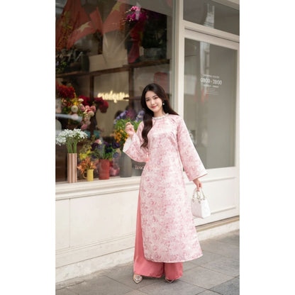 Ao Dai Women Vietnamese Modern Floral Brocade Pink Premium Hand-embellished Collar