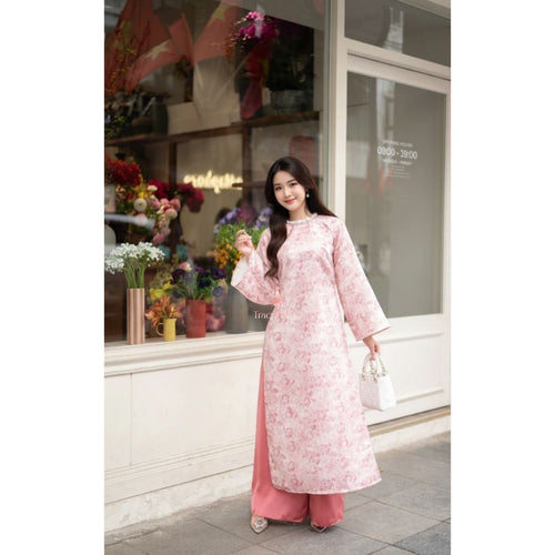 Ao Dai Women Vietnamese Modern Floral Brocade Pink Premium Hand-embellished Collar