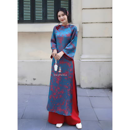 Modern Ao Dai Women Vietnamese Blue Silk Peach Blossom Detail