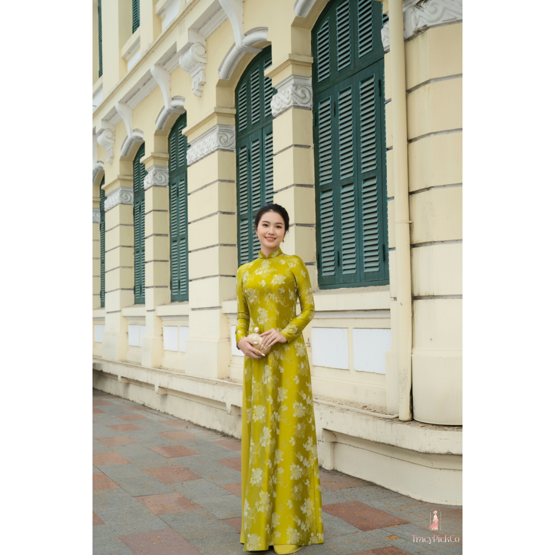Plus Size Traditional Vietnamese Yellow Ao Dai Dress Silk Brocade