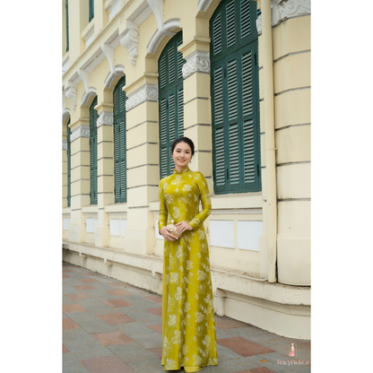 Plus Size Traditional Vietnamese Yellow Ao Dai Dress Silk Brocade