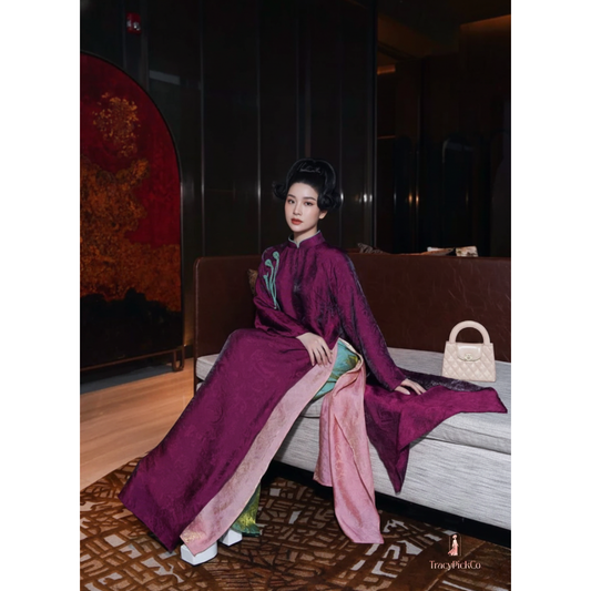 Ao Dai Women Modern Four Panel Loose Fit Shimmer Silk Purple And Pink