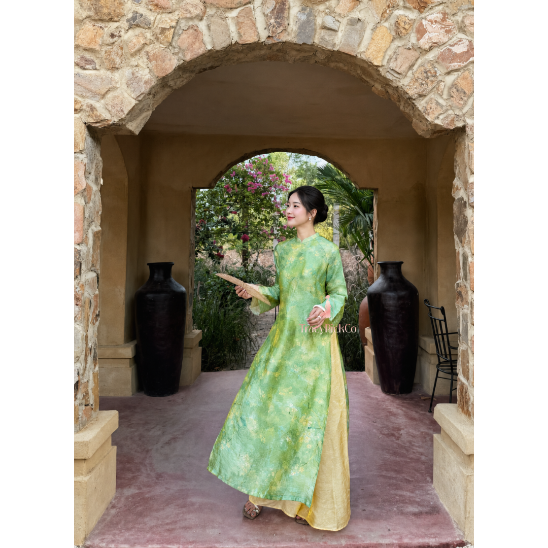 Green Silk Modern Plus Size Ao Dai Vietnamese Floral Dress Long Sleeve