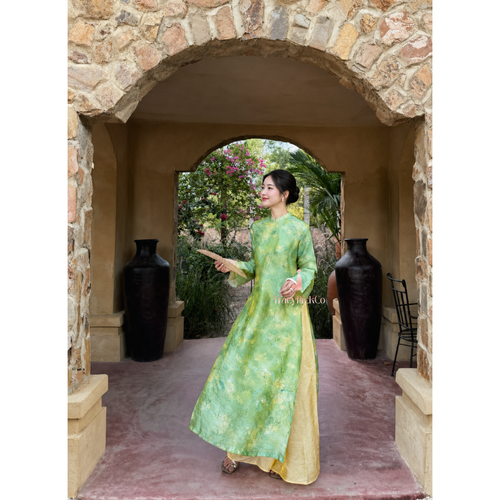 Green Silk Modern Plus Size Ao Dai Vietnamese Floral Dress Long Sleeve