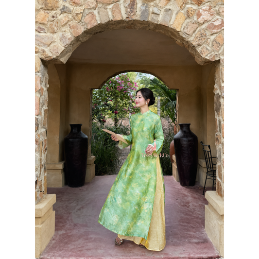 Green Silk Modern Plus Size Ao Dai Vietnamese Floral Dress Long Sleeve