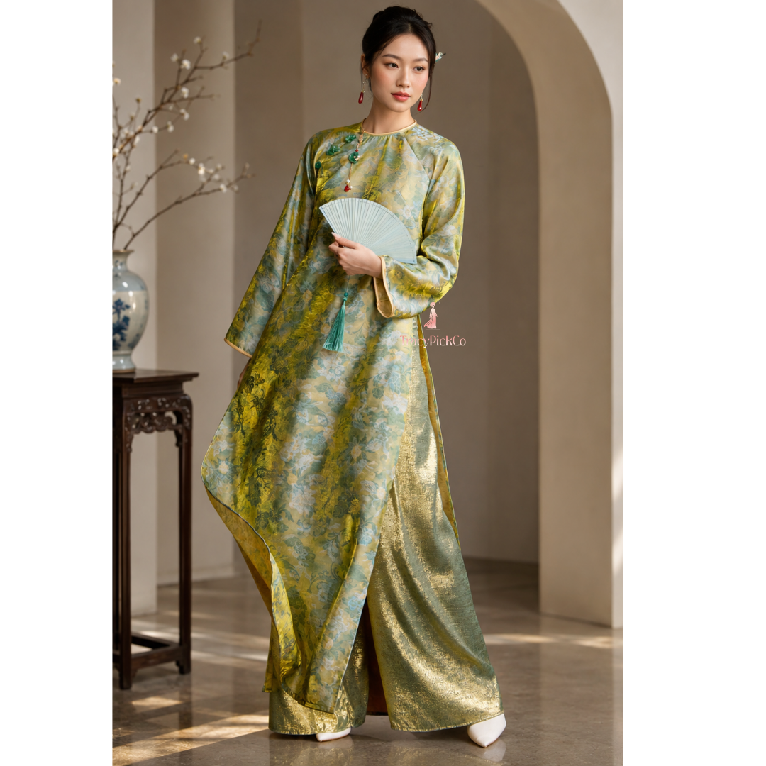 Green Floral Vietnamese Ao Dai Tencel Silk Straight Fit