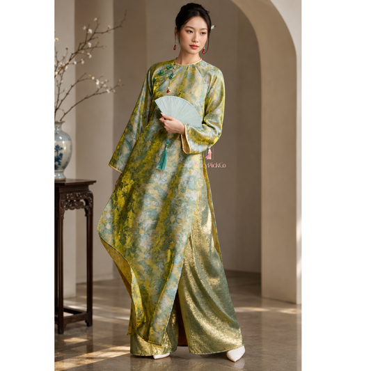 Green Floral Vietnamese Ao Dai Tencel Silk Straight Fit