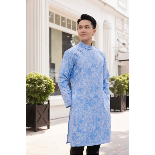 Ao Dai Men Embroidered Fabric Tafta Blue