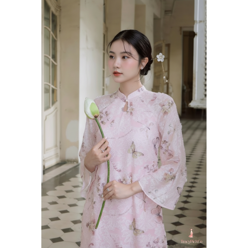 Modern Ao Dai Women Vietnamese Butterfly Print Pink Feather Silk Four Panel Midi Sleeve Dress