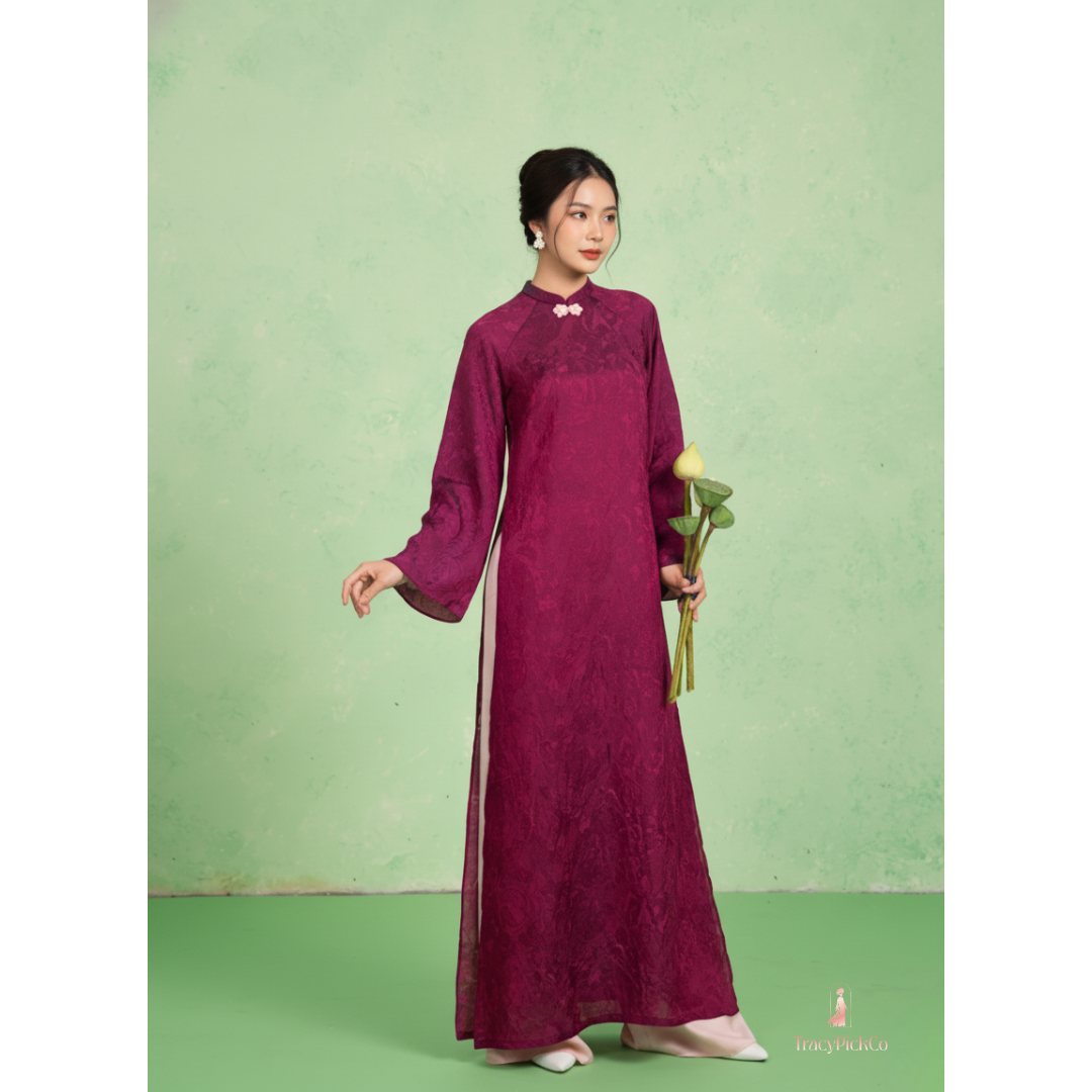 Modern Ao Dai Women Magenta Brocade Silk Straight Fit Bow Collar