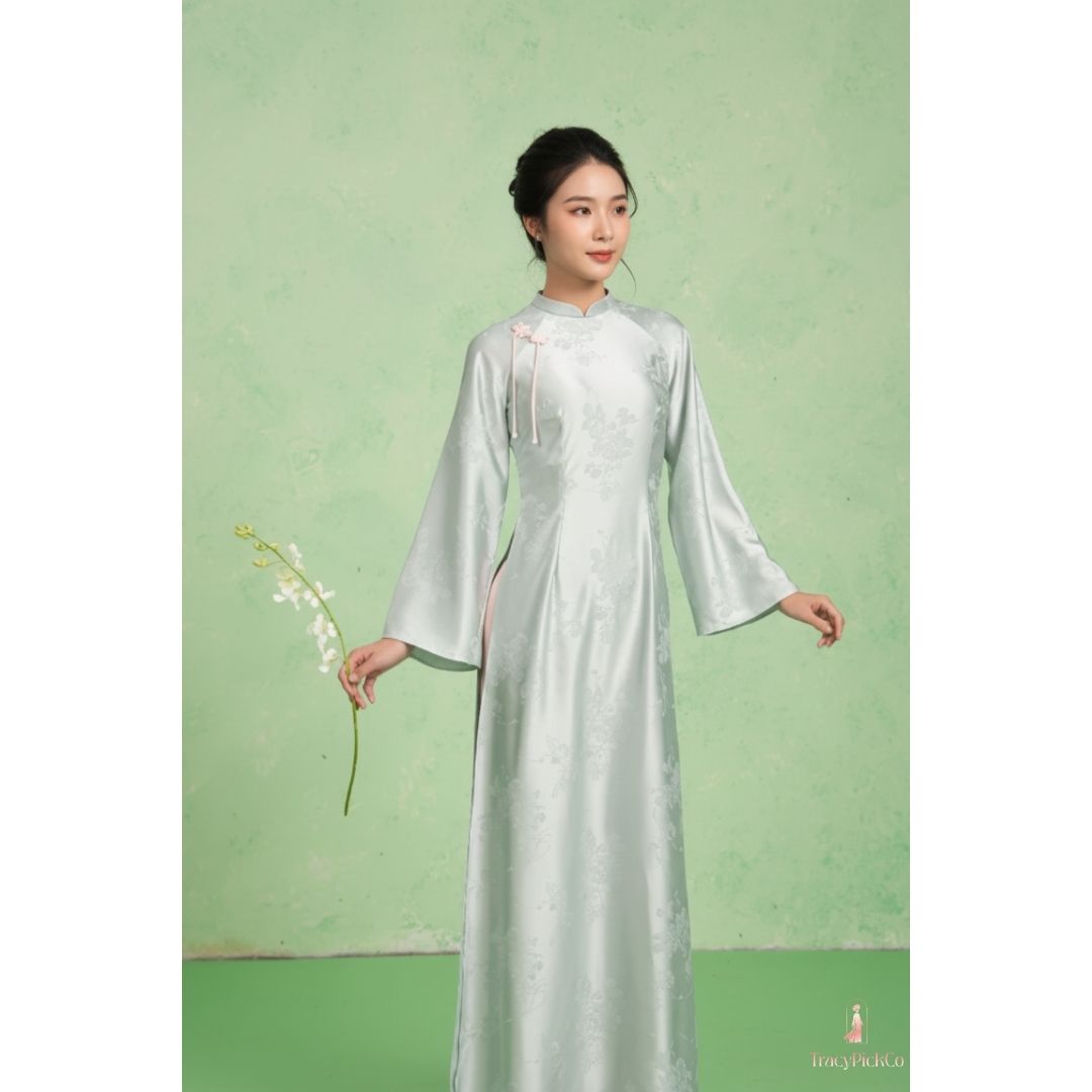 Traditional Green Mint Ao Dai Women Modern Flare Sleeve Bow Silk Brocade