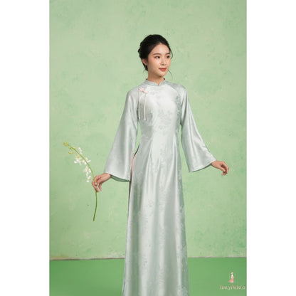 Traditional Green Mint Ao Dai Women Modern Flare Sleeve Bow Silk Brocade