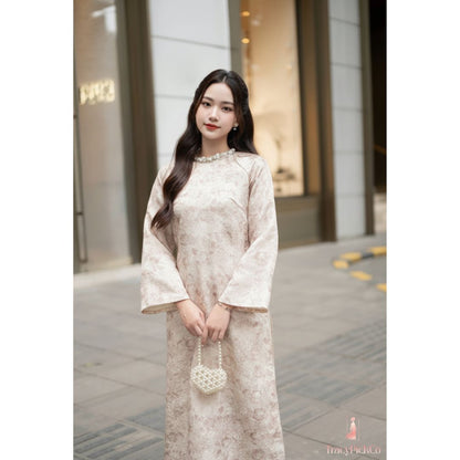 Ao Dai Women Vietnamese Modern Floral Brocade Beige Premium Hand-embellished Collar