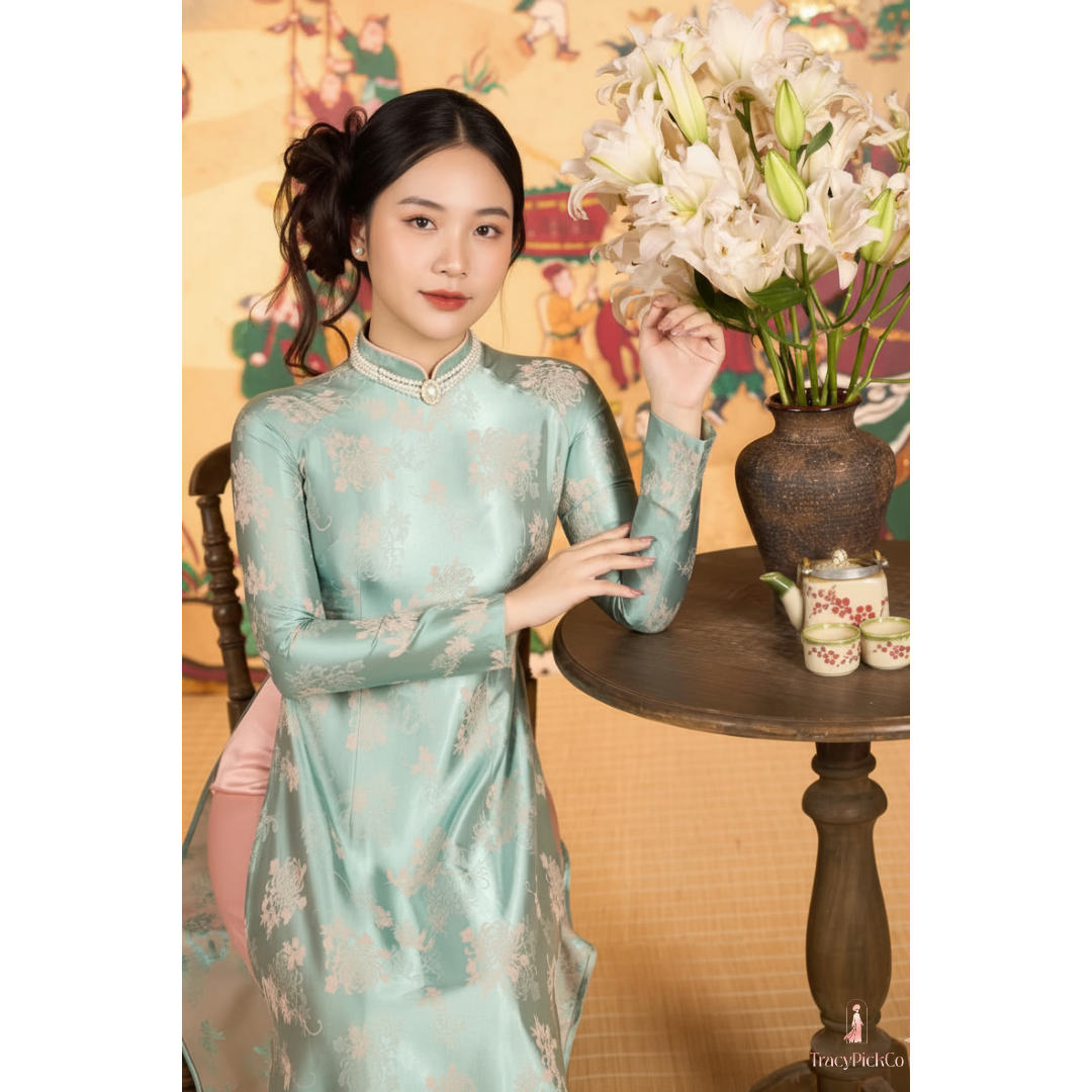 Plus Size Traditional Vietnamese Mint Ao Dai Dress Silk Brocade