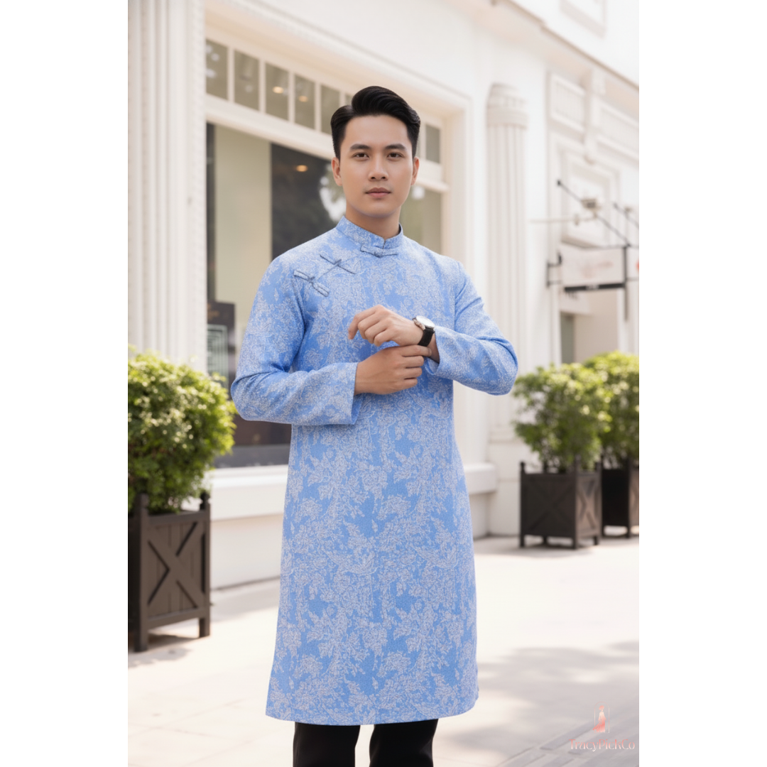 Ao Dai Men Embroidered Fabric Tafta Blue
