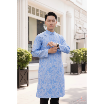 Ao Dai Men Embroidered Fabric Tafta Blue