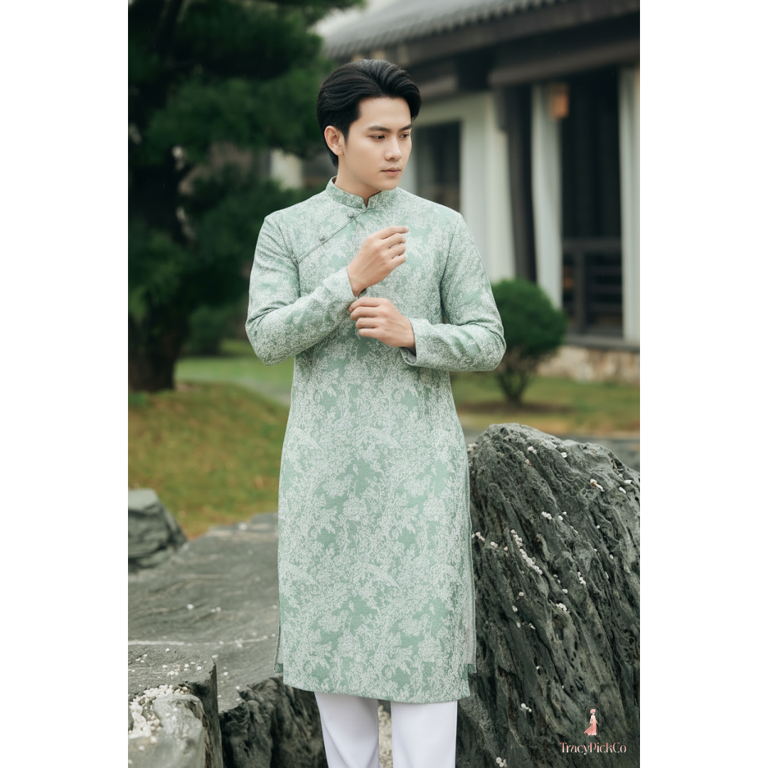 Ao Dai Men Embroidered Fabric Tafta Light Green