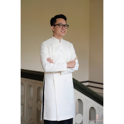Ao Dai Men Wedding Modern Groom Beige Brocade Silk