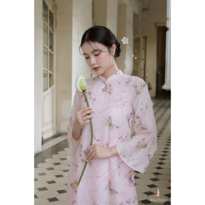 Modern Ao Dai Women Vietnamese Butterfly Print Pink Feather Silk Four Panel Midi Sleeve Dress