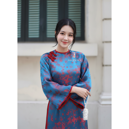 Modern Ao Dai Women Vietnamese Blue Silk Peach Blossom Detail