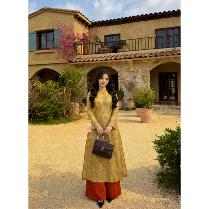 Yellow Silk Modern Plus Size Ao Dai Vietnamese Floral Dress Long Sleeve