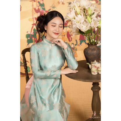 Plus Size Traditional Vietnamese Mint Ao Dai Dress Silk Brocade