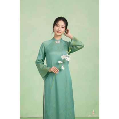 Modern Ao Dai Women Green Brocade Silk Straight Fit Bow Collar