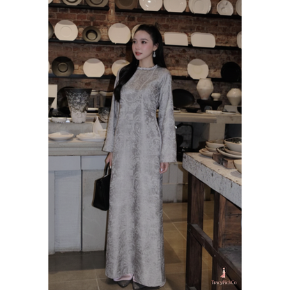 Ao Dai Women Vietnamese Modern Floral Brocade Gray Premium Hand-embellished Collar