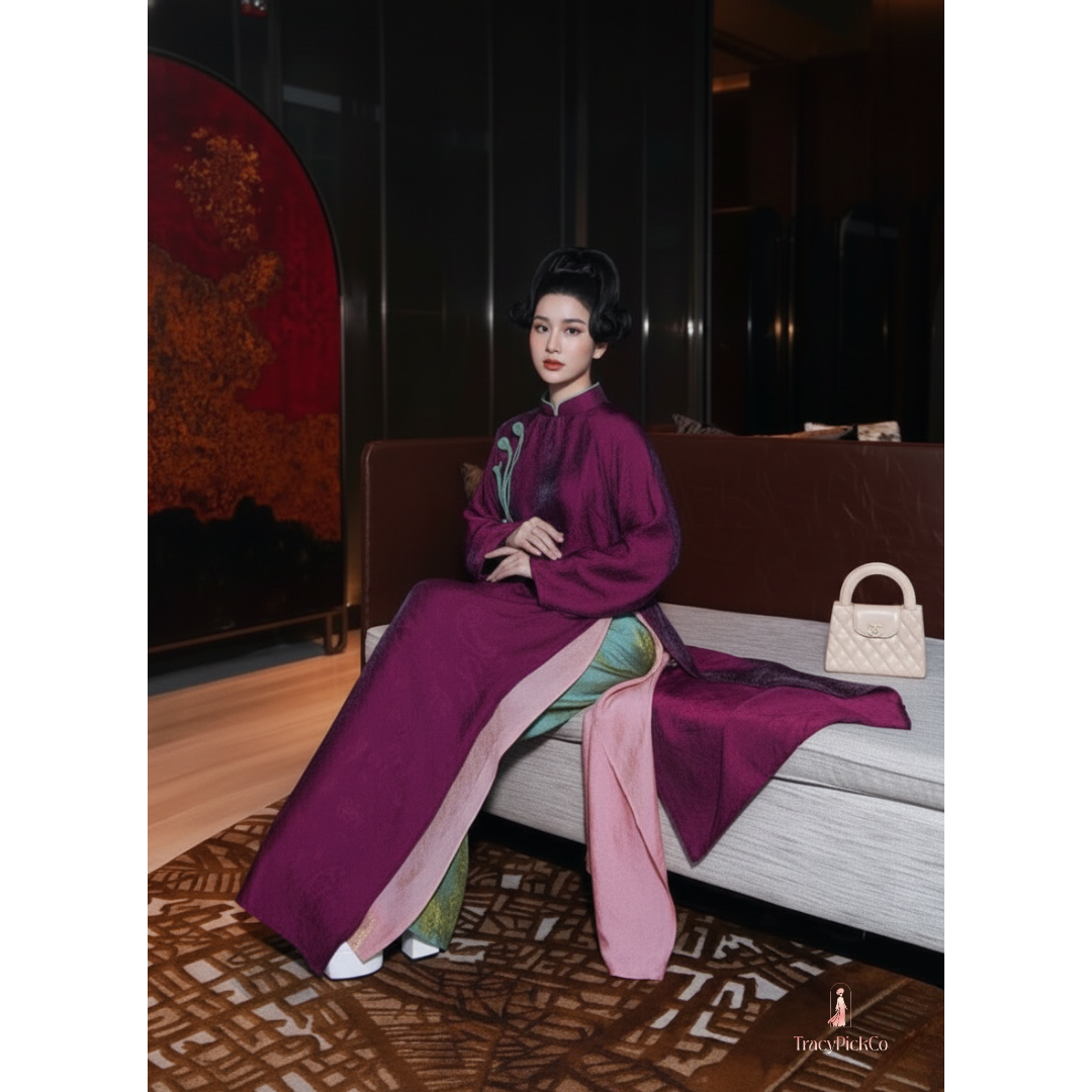 Ao Dai Women Modern Four Panel Loose Fit Shimmer Silk Purple And Pink