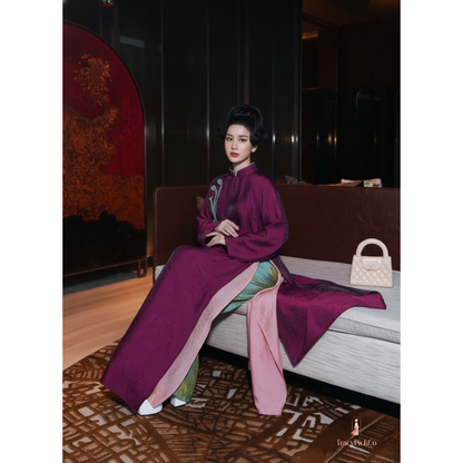 Ao Dai Women Modern Four Panel Loose Fit Shimmer Silk Purple And Pink