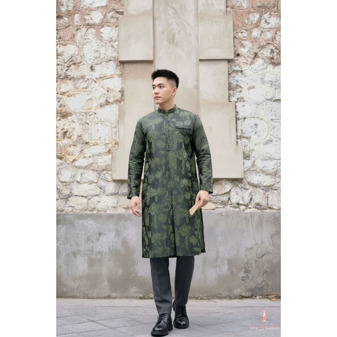 Deep Green Brocade Plus Size Men's Ao Dai
